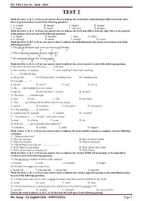 Đề ôn thi vào Lớp 10 môn Tiếng Anh - Đề số 2 - Năm học 2018-2019